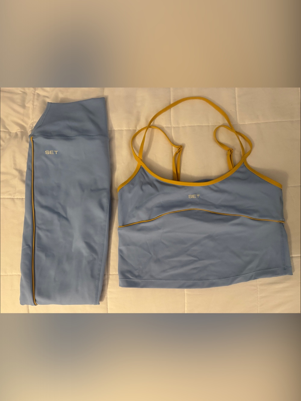 SET Active Light Blue Sports Bra with Yellow Trim